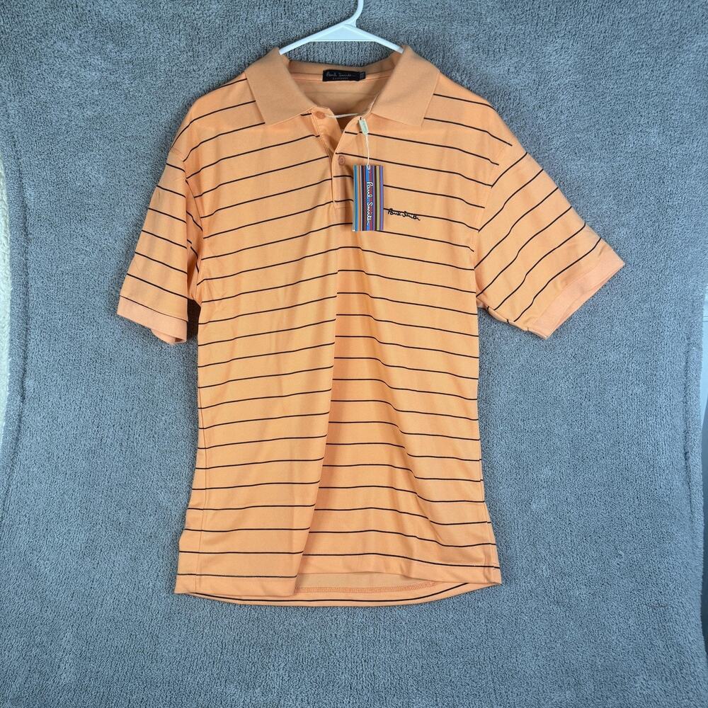 Paul Smith Polo Shirt Mens Medium Orange Striped Short Sleeve Embroidered Logo